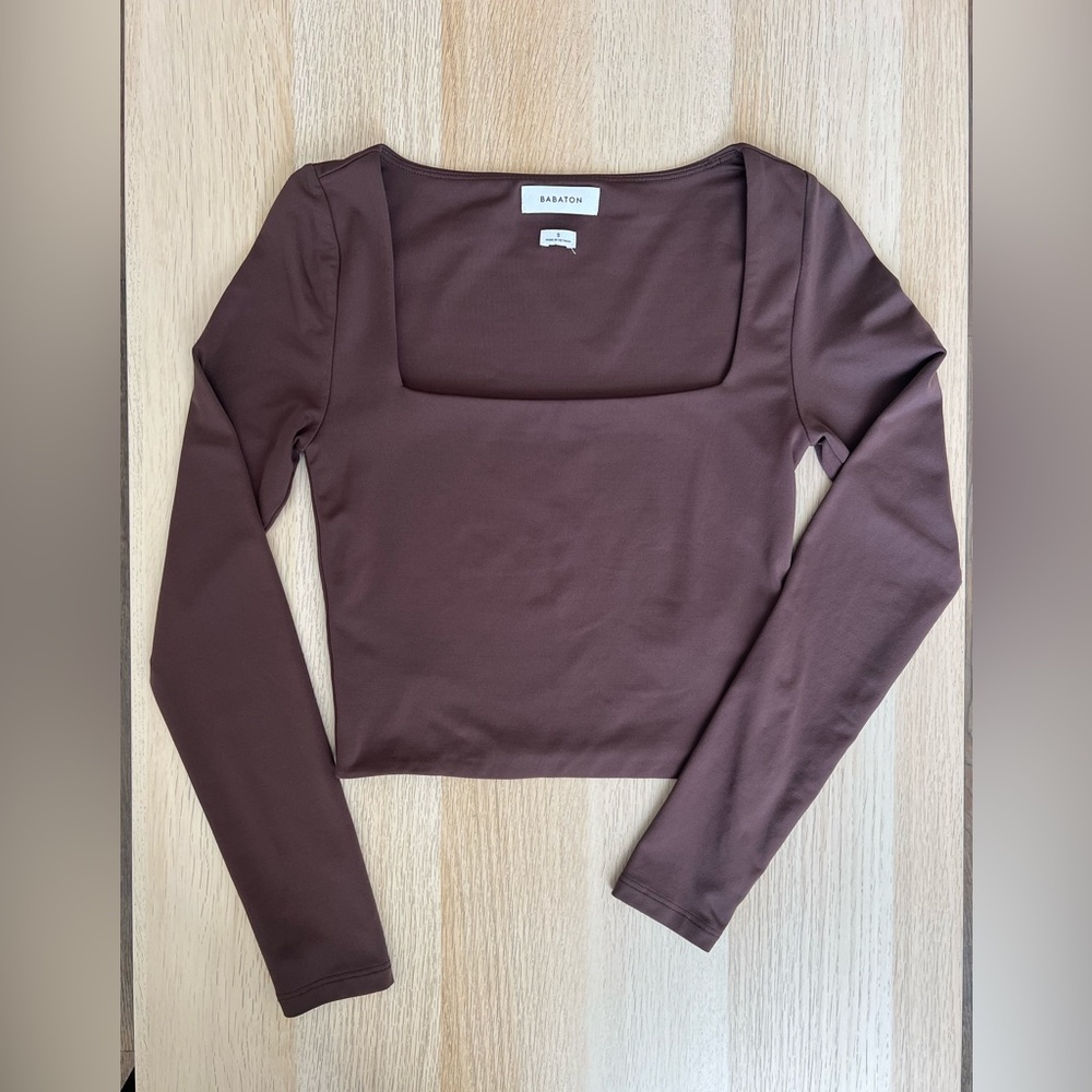 Babaton Square Neck Long Sleeve Top S Brown Fitted Minimal - Picture 4 of 11